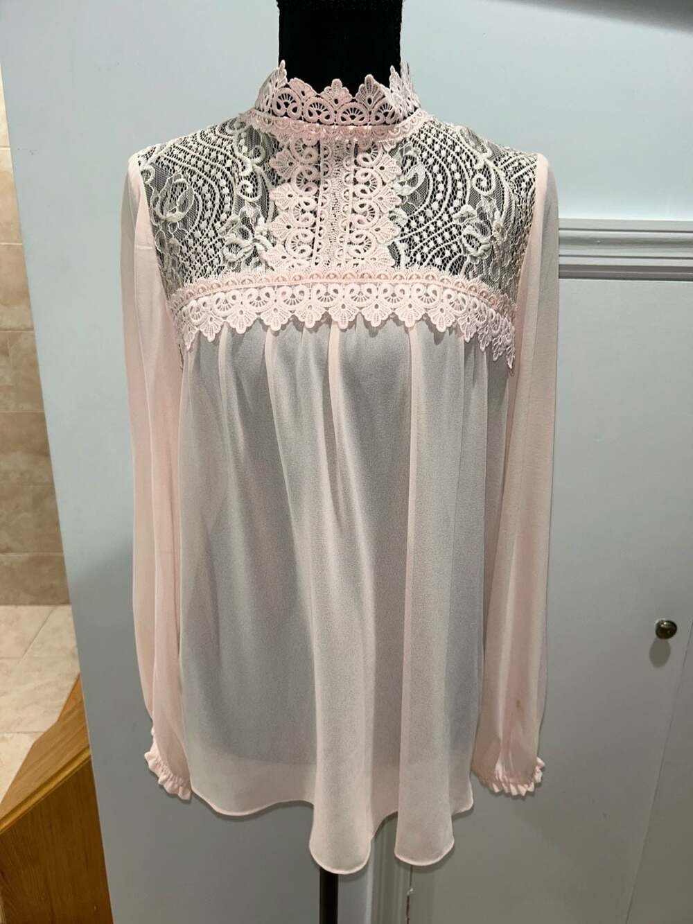 BCX Blouse Size L Pink Lace Yoke Chiffon Long Sleeve